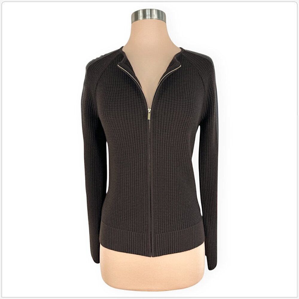 St. John Dark Brown Waffle Knit Zip Front 100% Leather Trim Sleeves Cardigan P